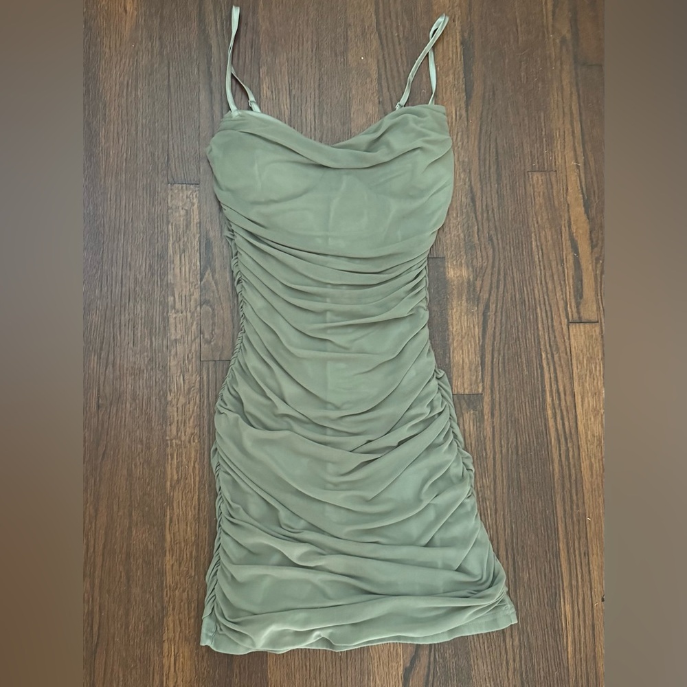 Elegant Olive Green Ruched Dress Small